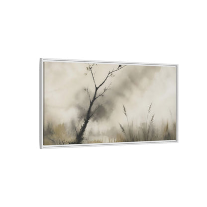 Side Mockup 3. Perched Bird In Mist shown as framed canvas print