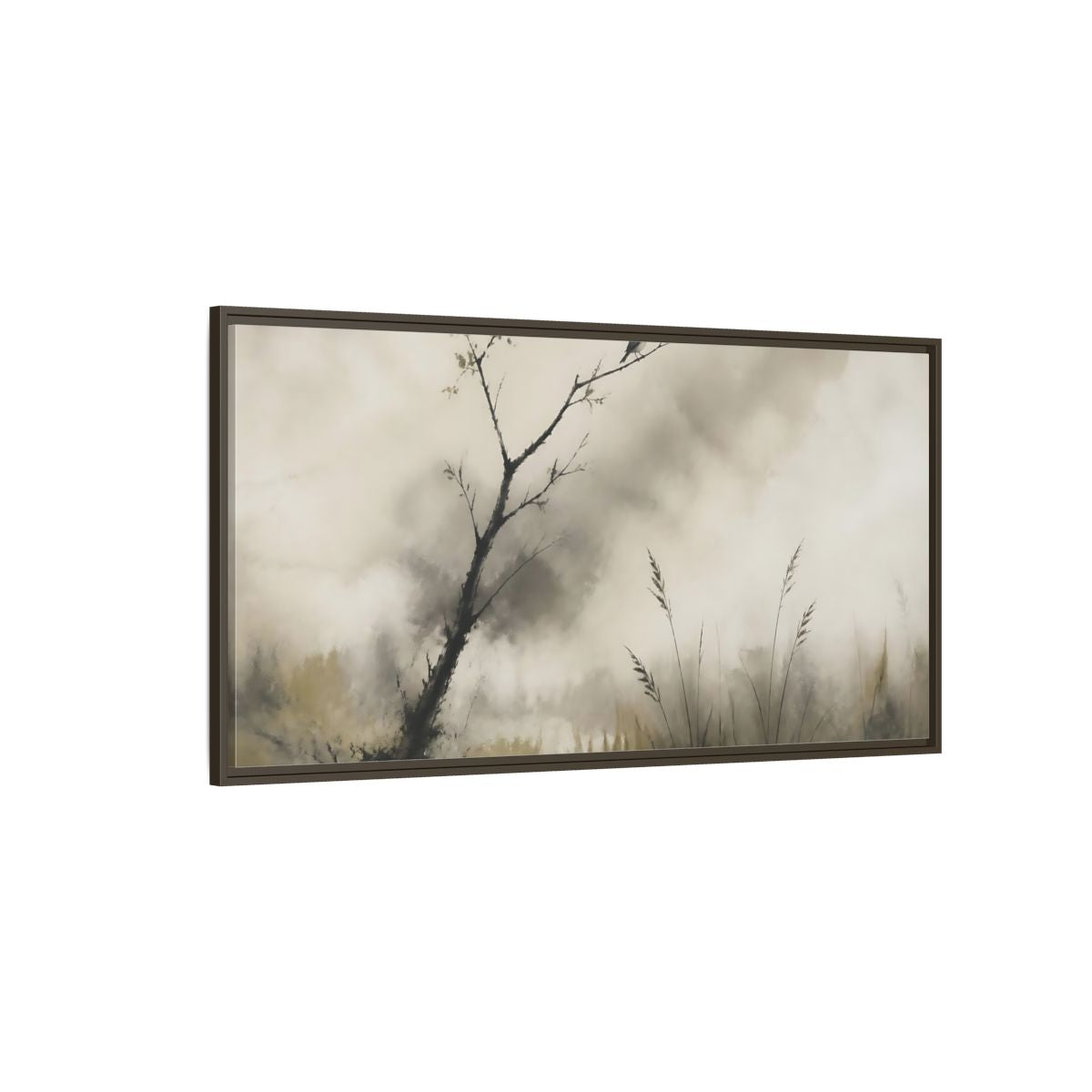 Side Mockup 4. Perched Bird In Mist shown as framed canvas print