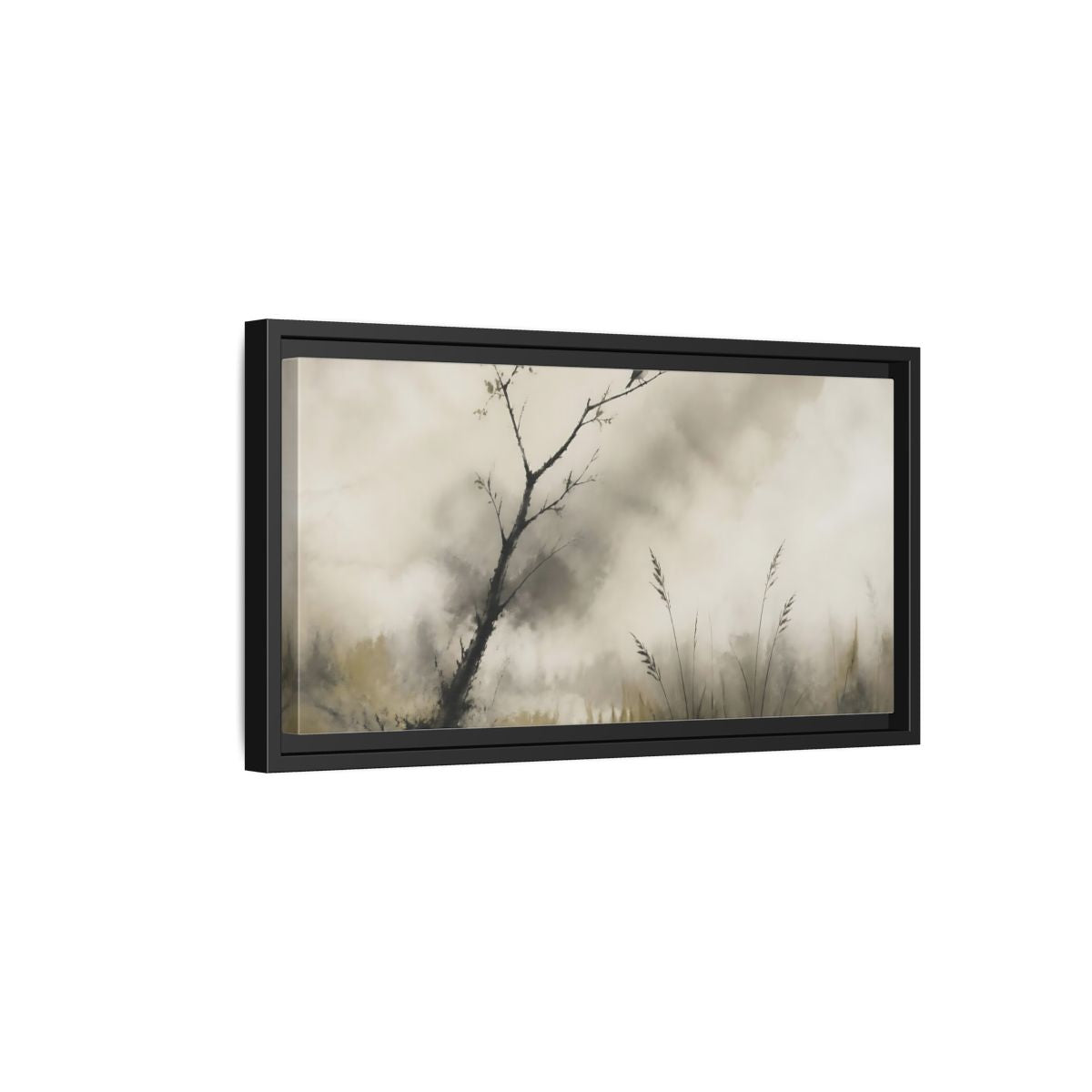 Side Mockup 8. Perched Bird In Mist shown as framed canvas print