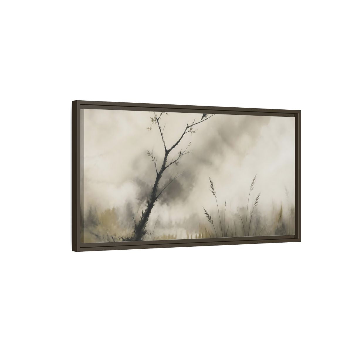 Main Mockup. Perched Bird In Mist shown as framed canvas print