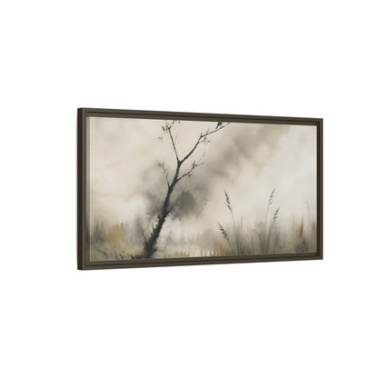 Main Mockup. Perched Bird In Mist shown as framed canvas print