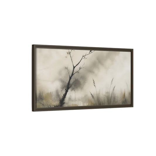 Main Mockup. Perched Bird In Mist shown as framed canvas print