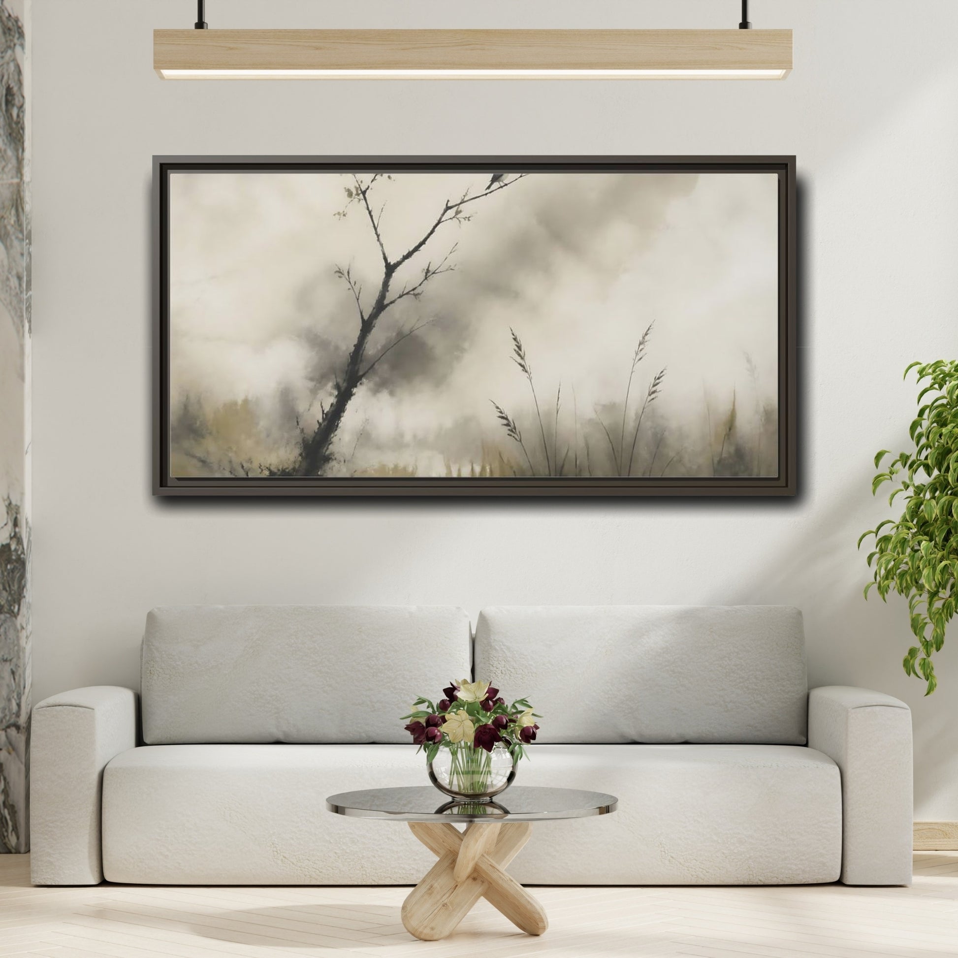 Mockup 2. Perched Bird In Mist shown as framed canvas print