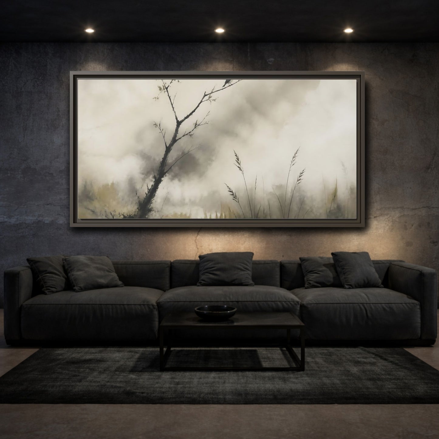Mockup 3. Perched Bird In Mist shown as framed canvas print