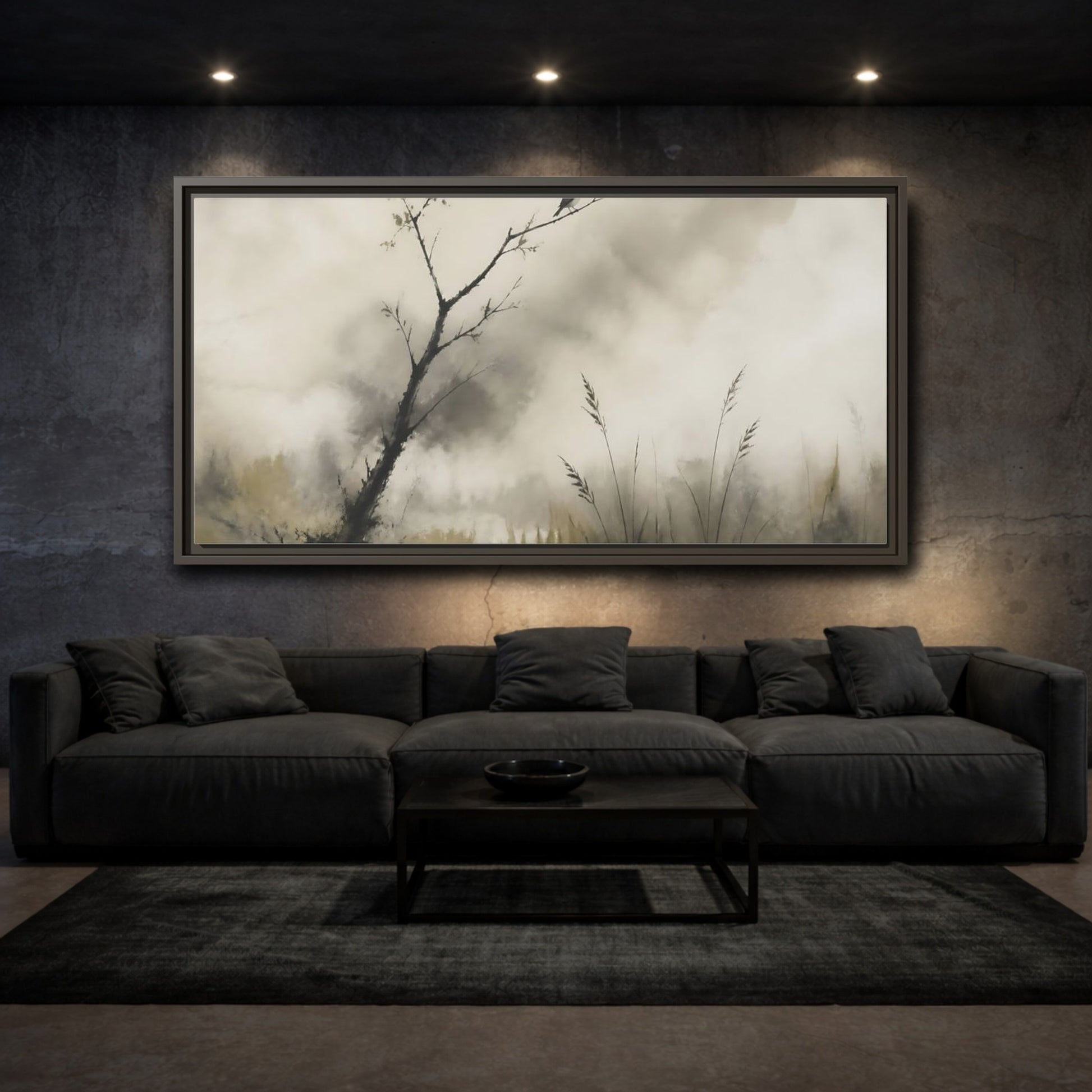 Mockup 3. Perched Bird In Mist shown as framed canvas print