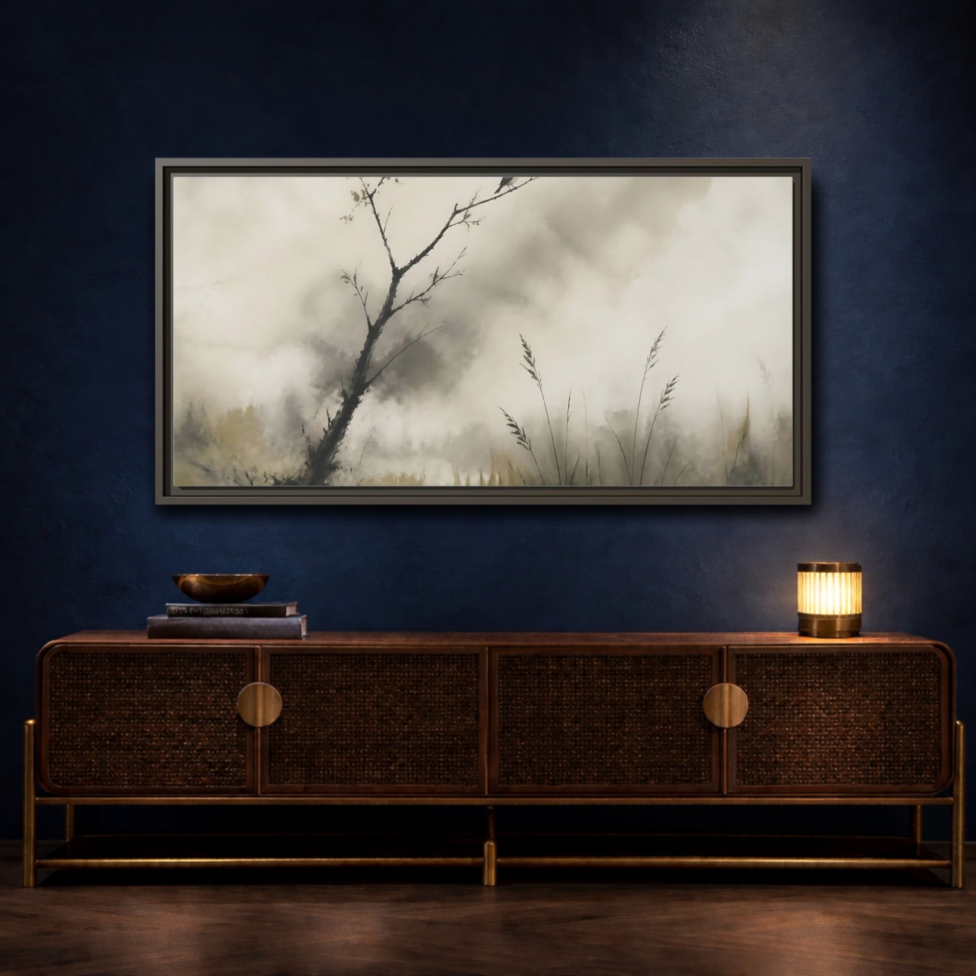 Mockup 4. Perched Bird In Mist shown as framed canvas print