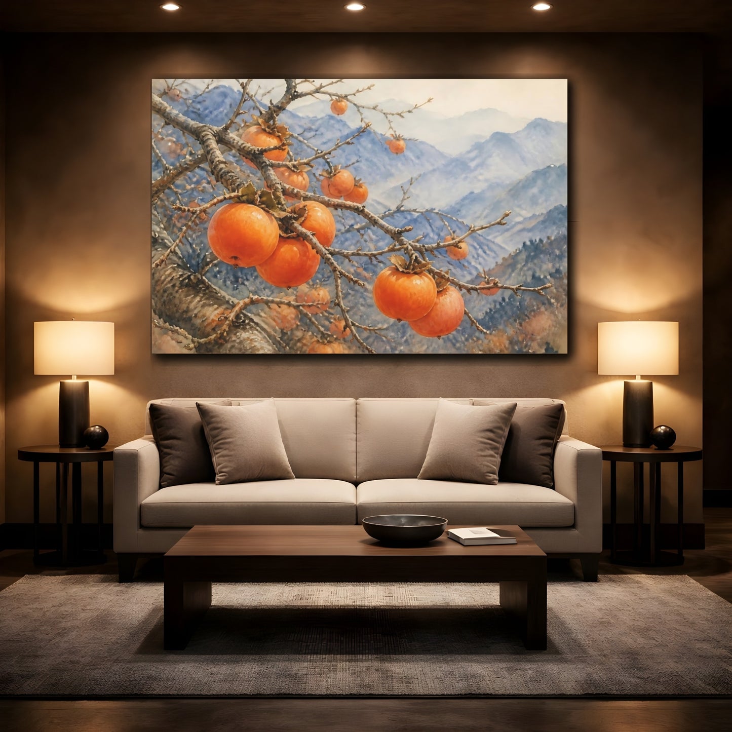Mockup 2. Persimmon Branch In Mountains shown as canvas print