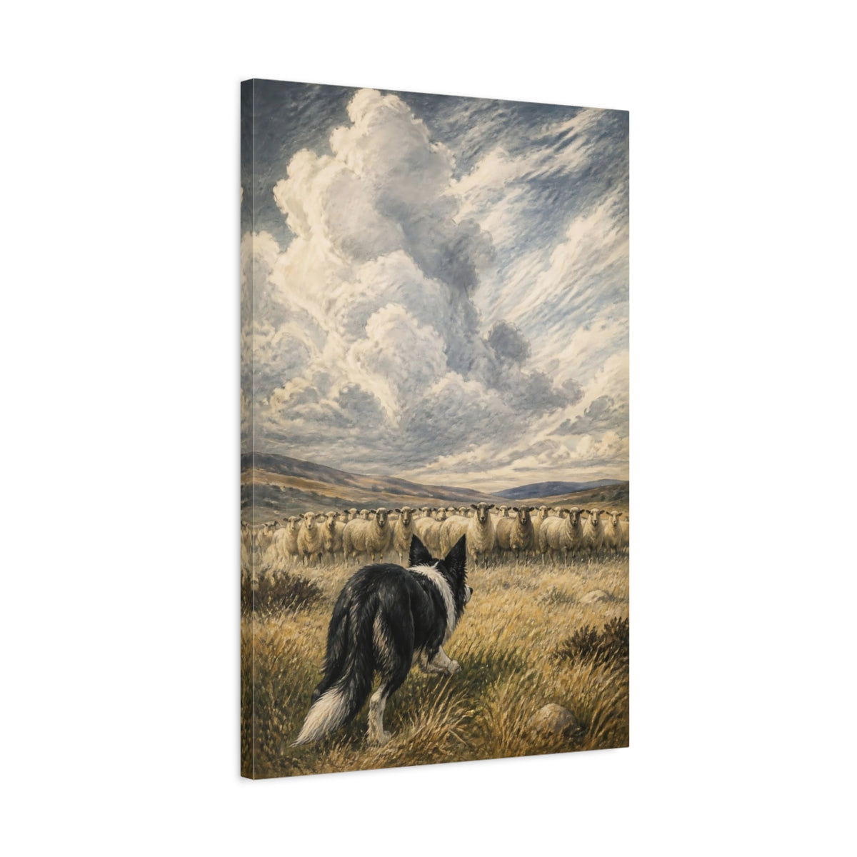 Side Mockup 2. Pet Border Collie At Work shown as canvas print