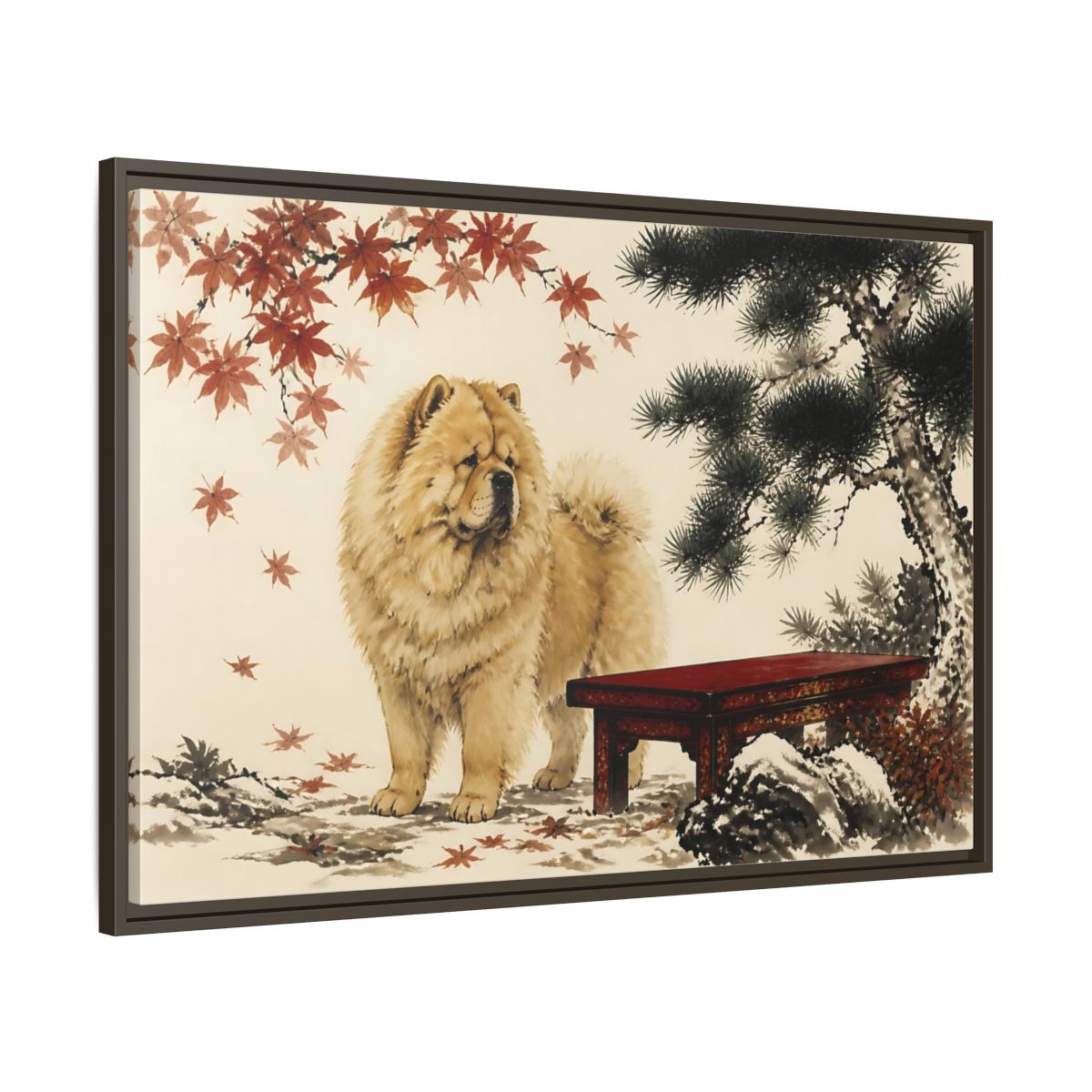 Main Mockup. Pet Chow Chow Garden Portrait shown as framed canvas print