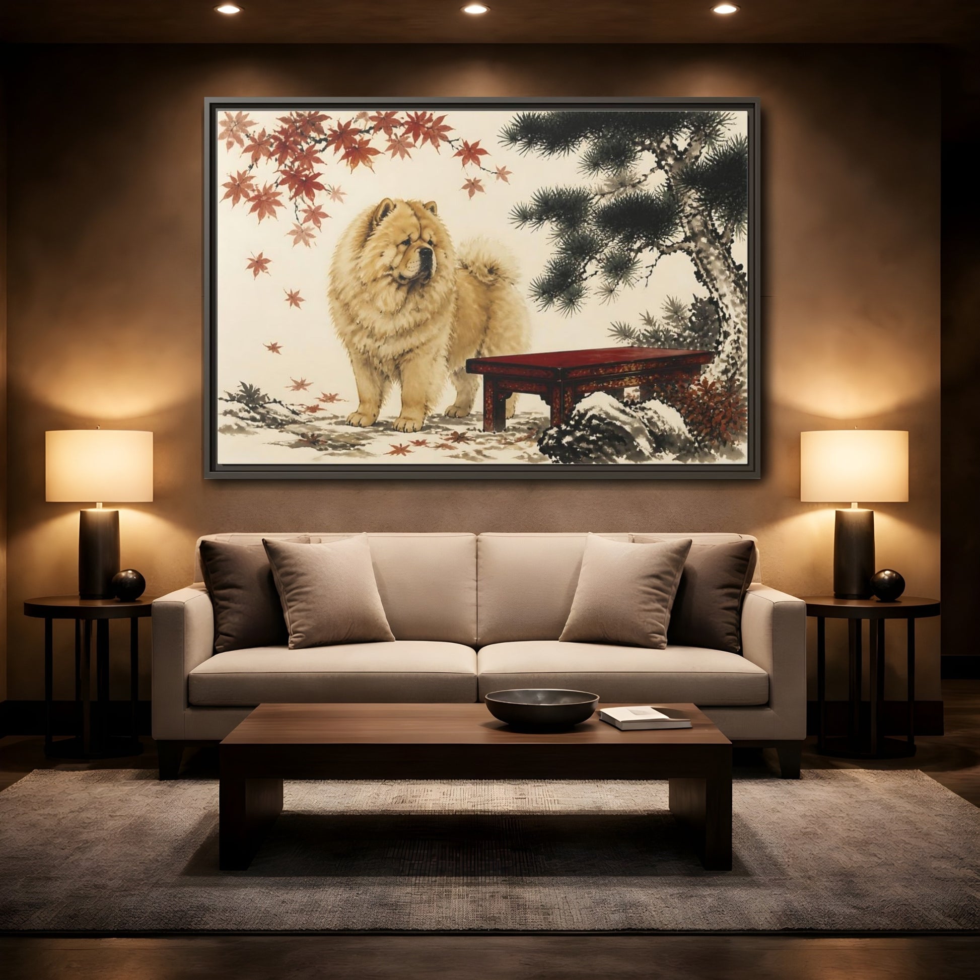 Mockup 2. Pet Chow Chow Garden Portrait shown as framed canvas print