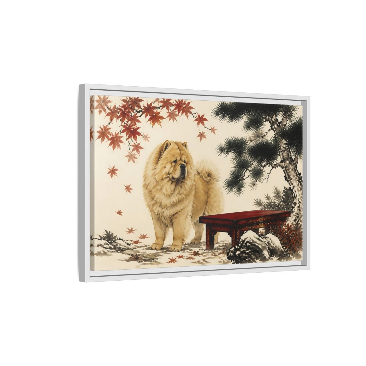 Side Mockup 1. Pet Chow Chow Garden Portrait shown as framed canvas print