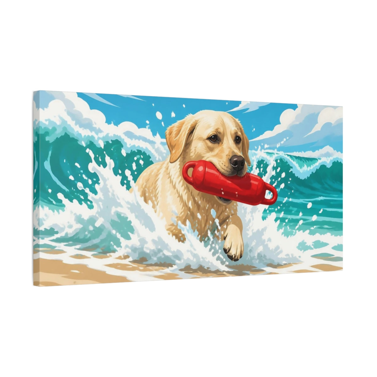 Side Mockup 1. Pet Labrador Fetching Buoy shown as canvas print
