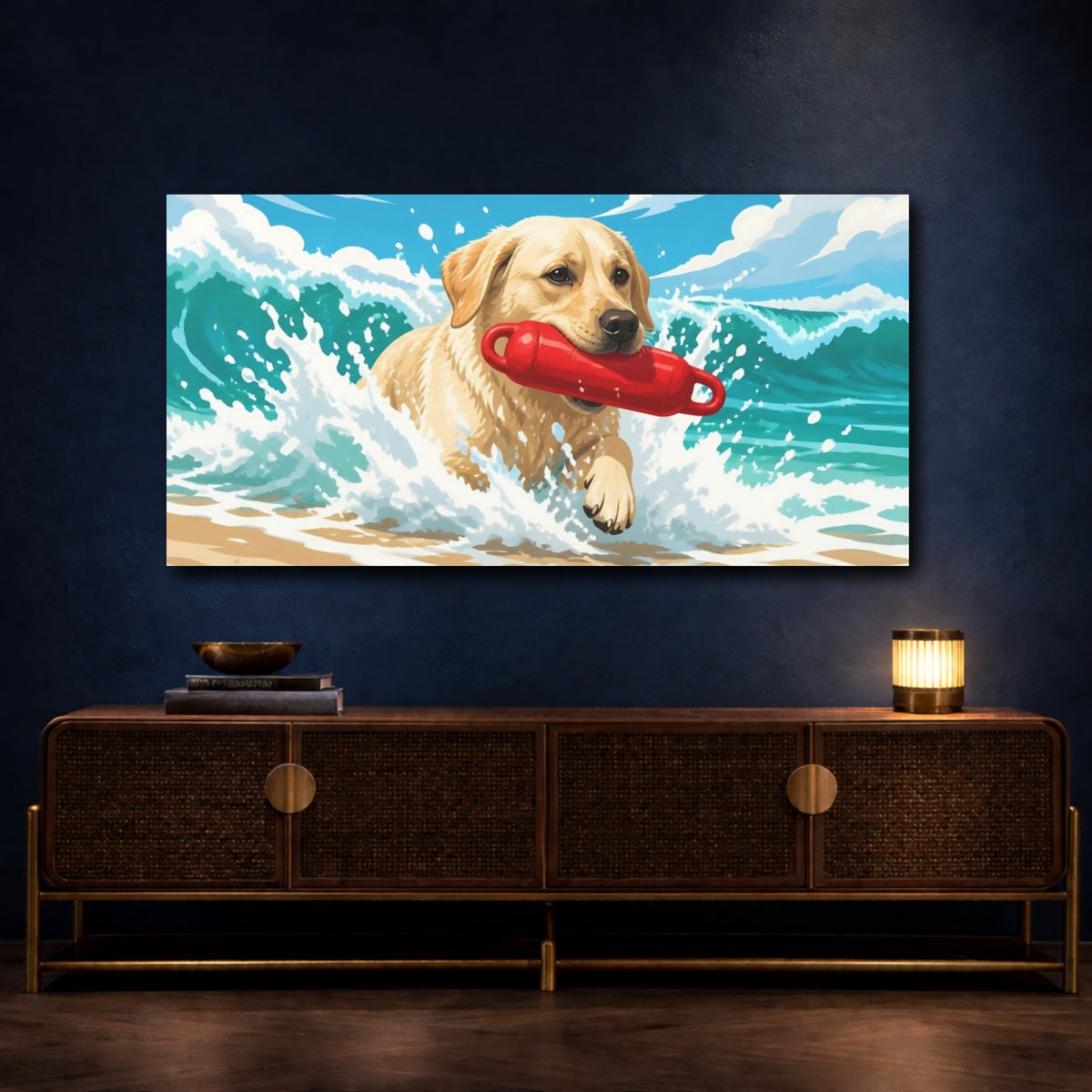 Mockup 4. Pet Labrador Fetching Buoy shown as canvas print