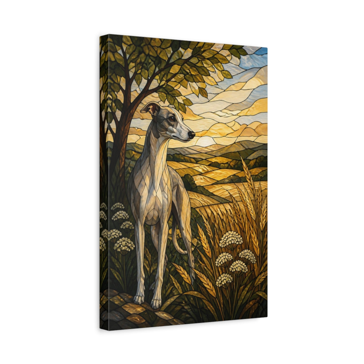 Side Mockup 4. Pet Whippet In Wheat shown as canvas print