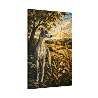 Side Mockup 2. Pet Whippet In Wheat shown as canvas print