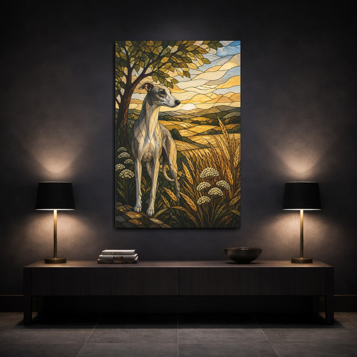Mockup 3. Pet Whippet In Wheat shown as canvas print