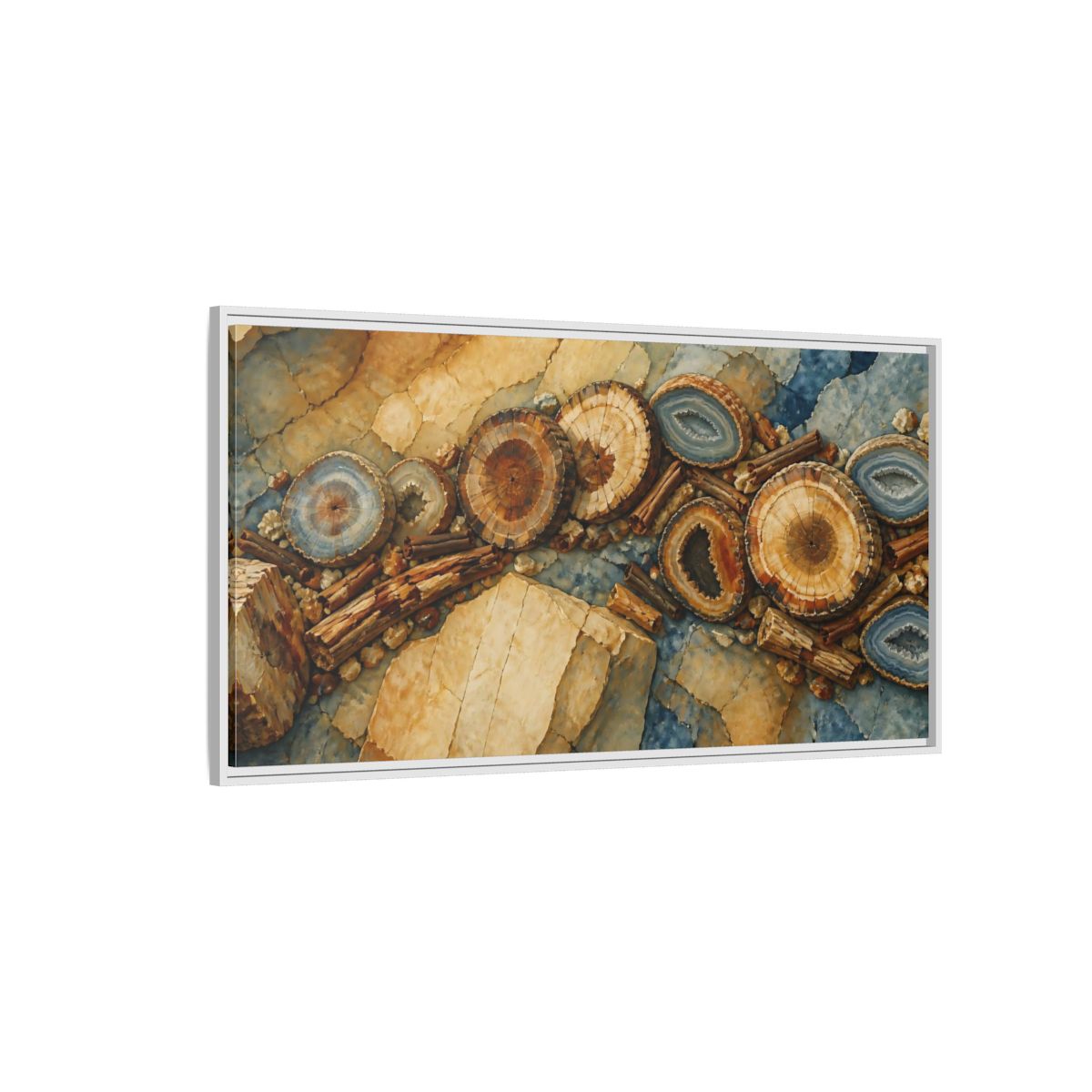 Side Mockup 3. Petrified Wood Nature Study shown as framed canvas print
