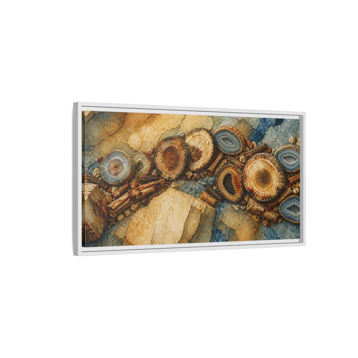Side Mockup 1. Petrified Wood Nature Study shown as framed canvas print
