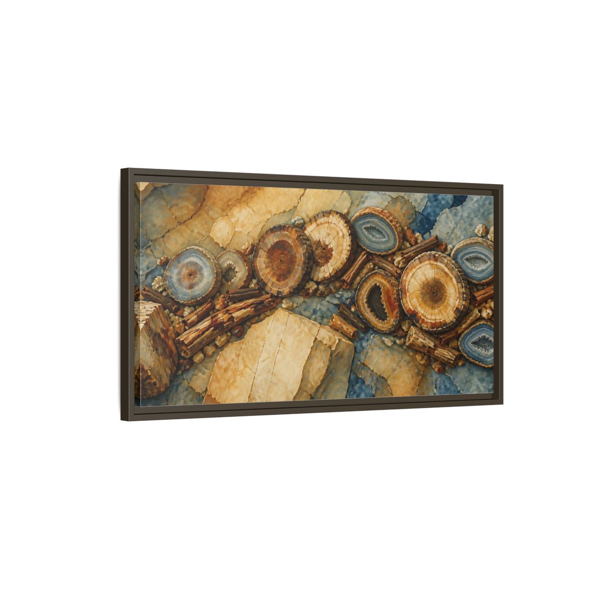 Main Mockup. Petrified Wood Nature Study shown as framed canvas print
