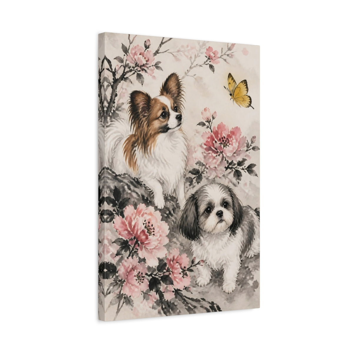 Side Mockup 3. Pets Among Blossoms shown as canvas print