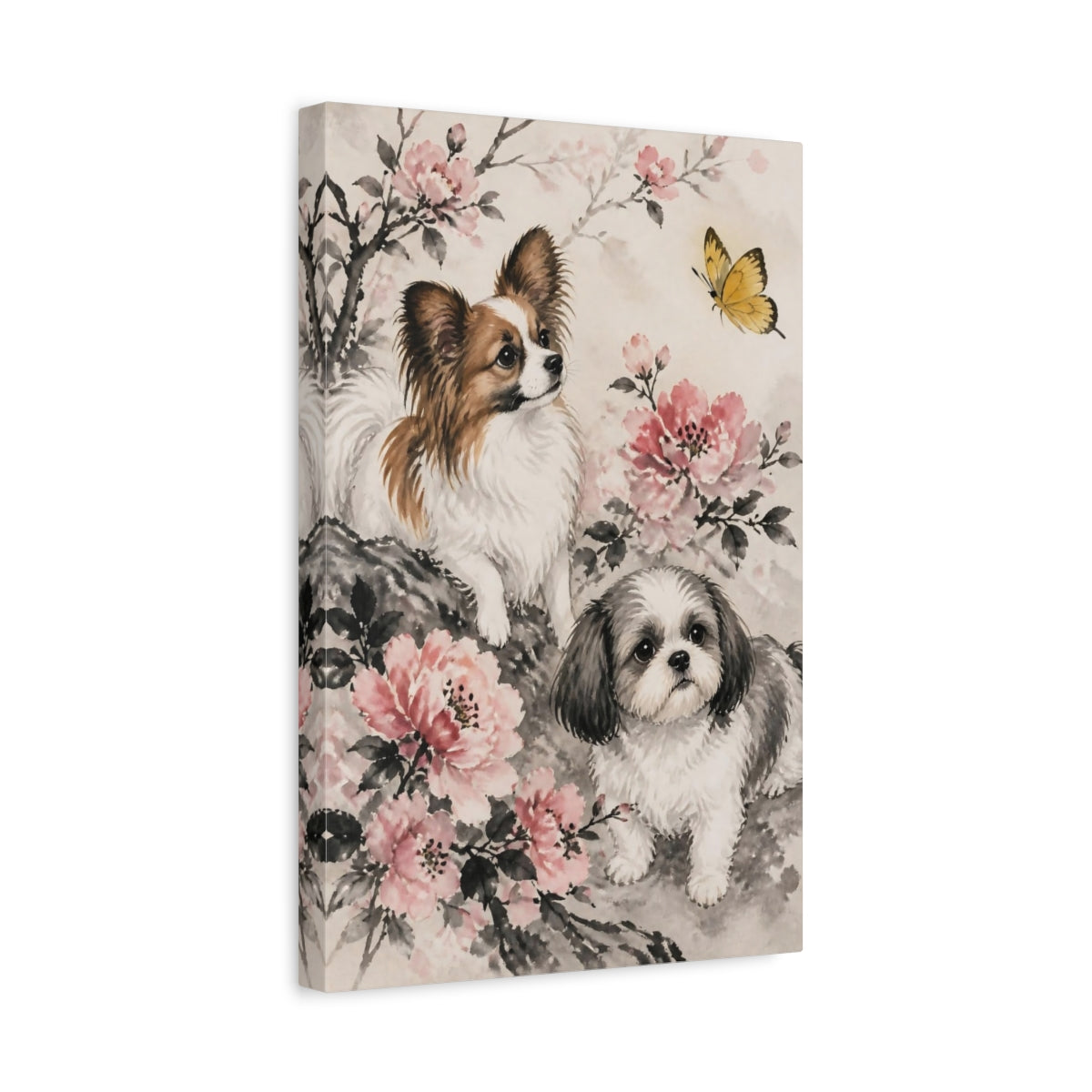 Side Mockup 4. Pets Among Blossoms shown as canvas print