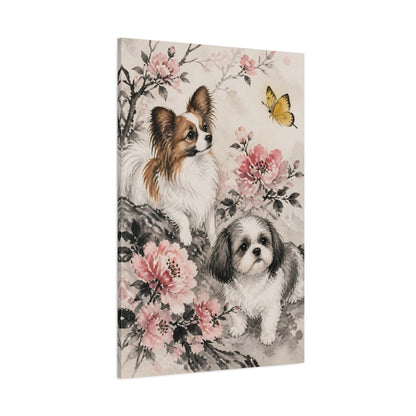 Side Mockup 1. Pets Among Blossoms shown as canvas print