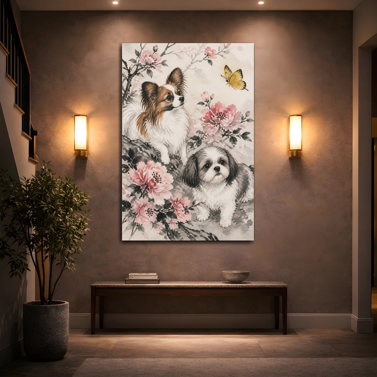 Mockup 2. Pets Among Blossoms shown as canvas print