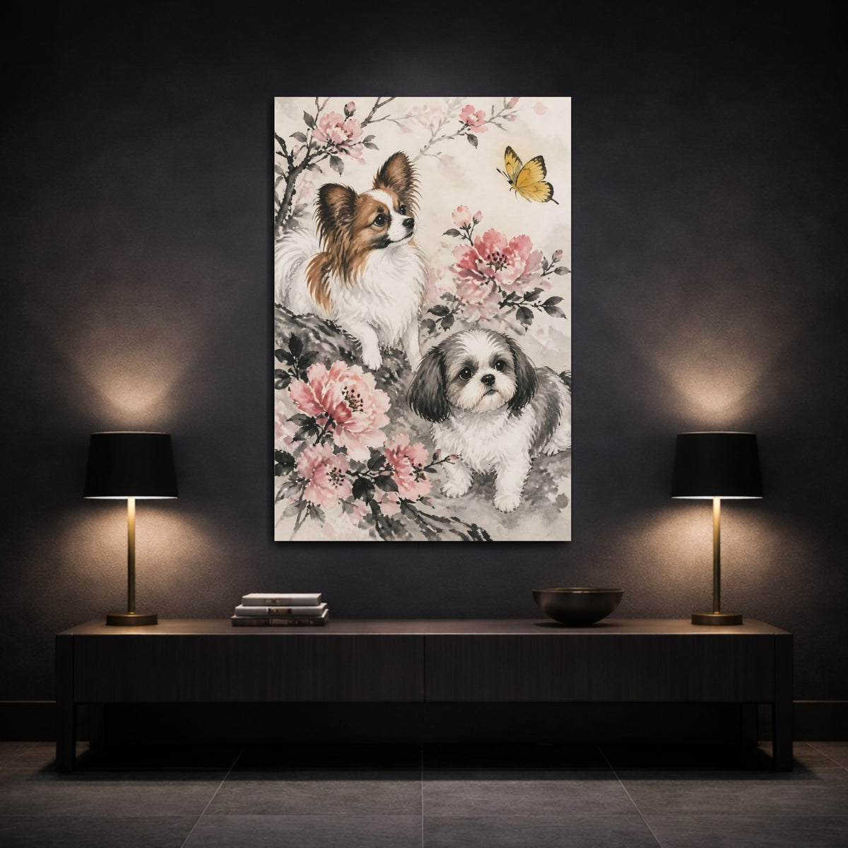 Mockup 3. Pets Among Blossoms shown as canvas print