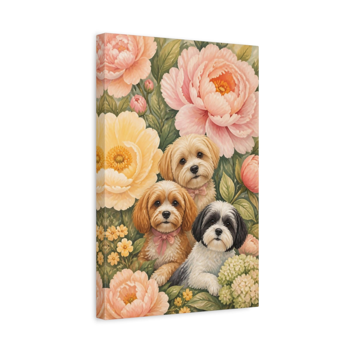 Side Mockup 4. Pets And Peony Puppies shown as canvas print