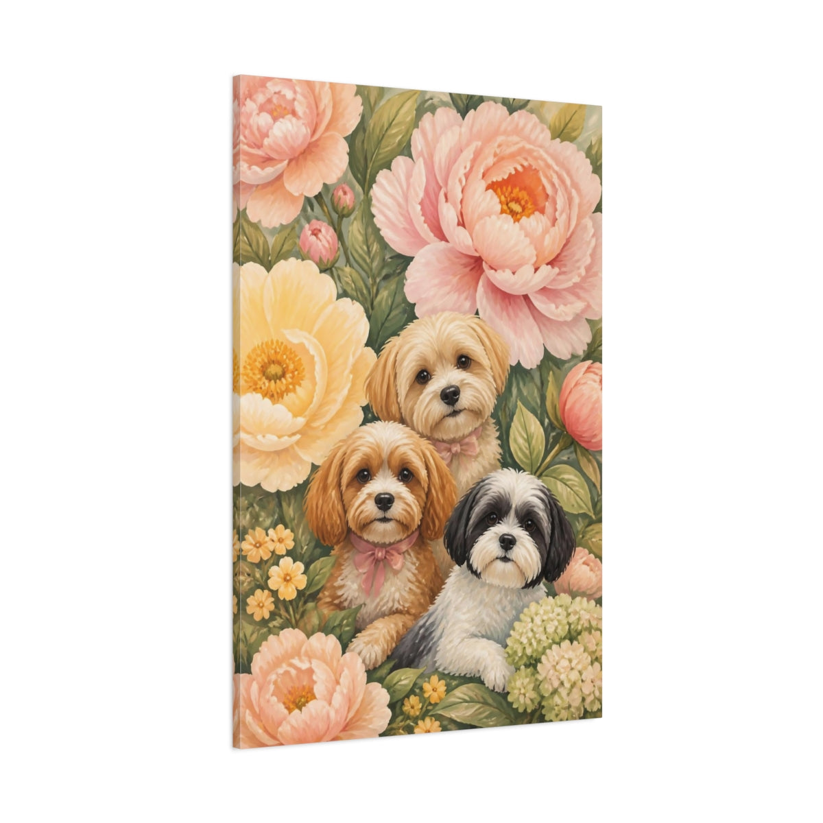 Side Mockup 1. Pets And Peony Puppies shown as canvas print
