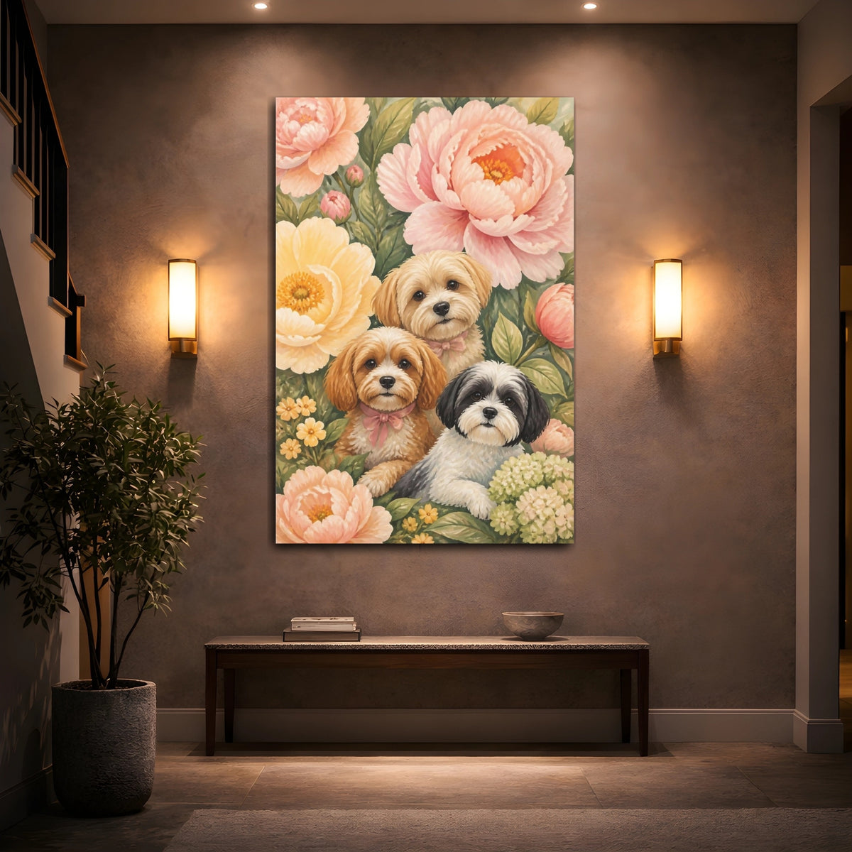 Mockup 2. Pets And Peony Puppies shown as canvas print