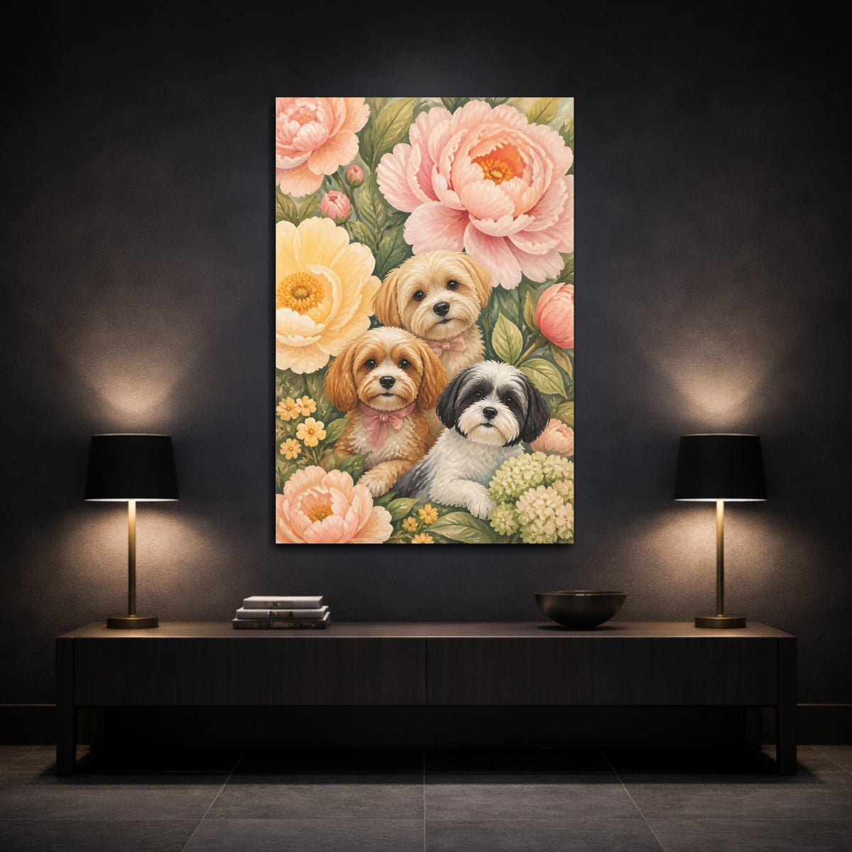 Mockup 3. Pets And Peony Puppies shown as canvas print
