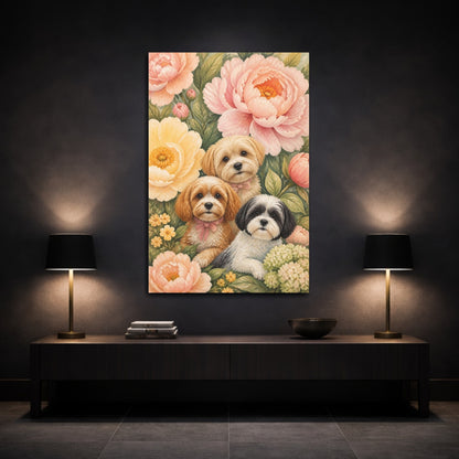 Mockup 3. Pets And Peony Puppies shown as canvas print