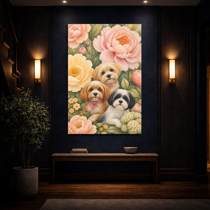 Mockup 4. Pets And Peony Puppies shown as canvas print