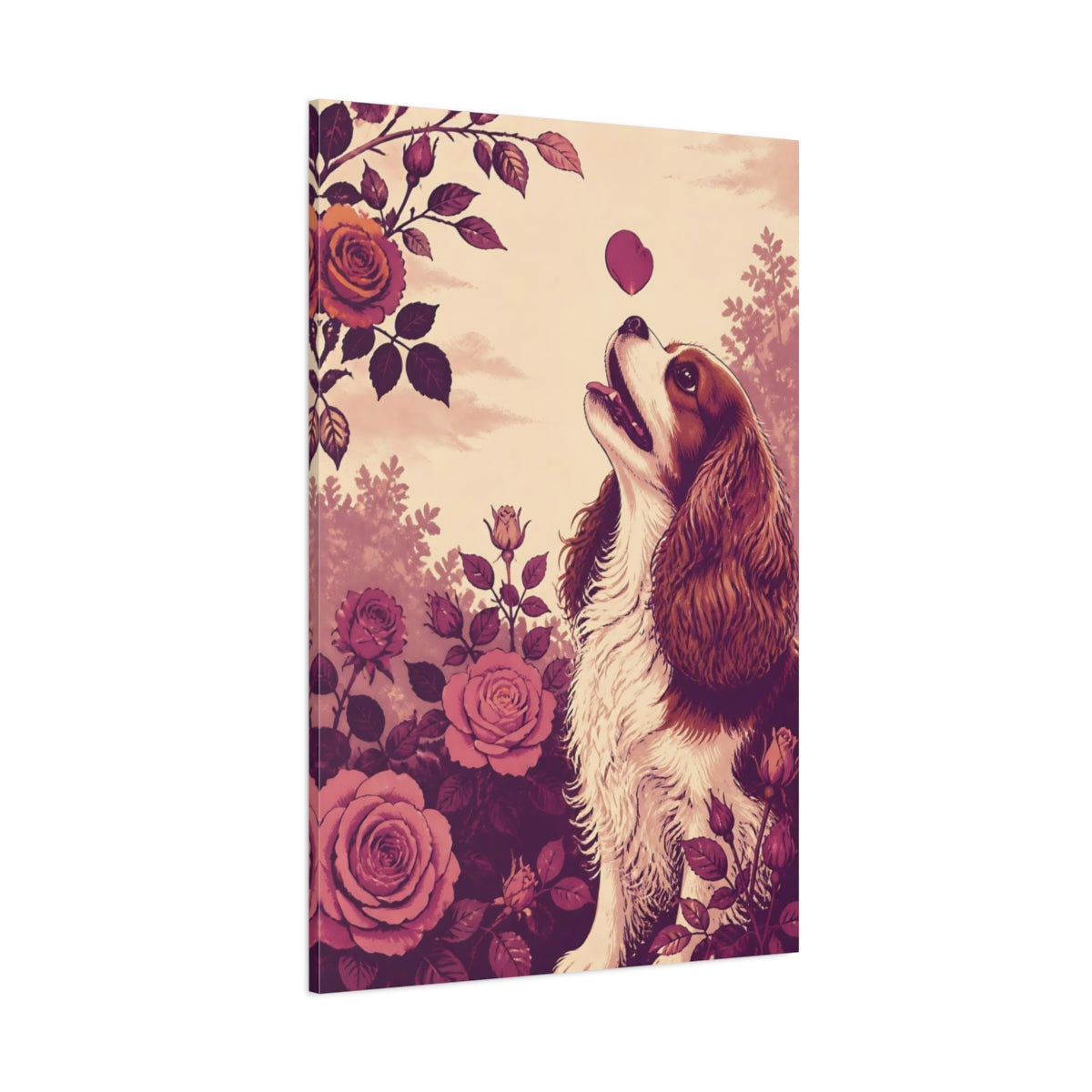 Side Mockup 1. Pets Cavalier With Roses shown as canvas print