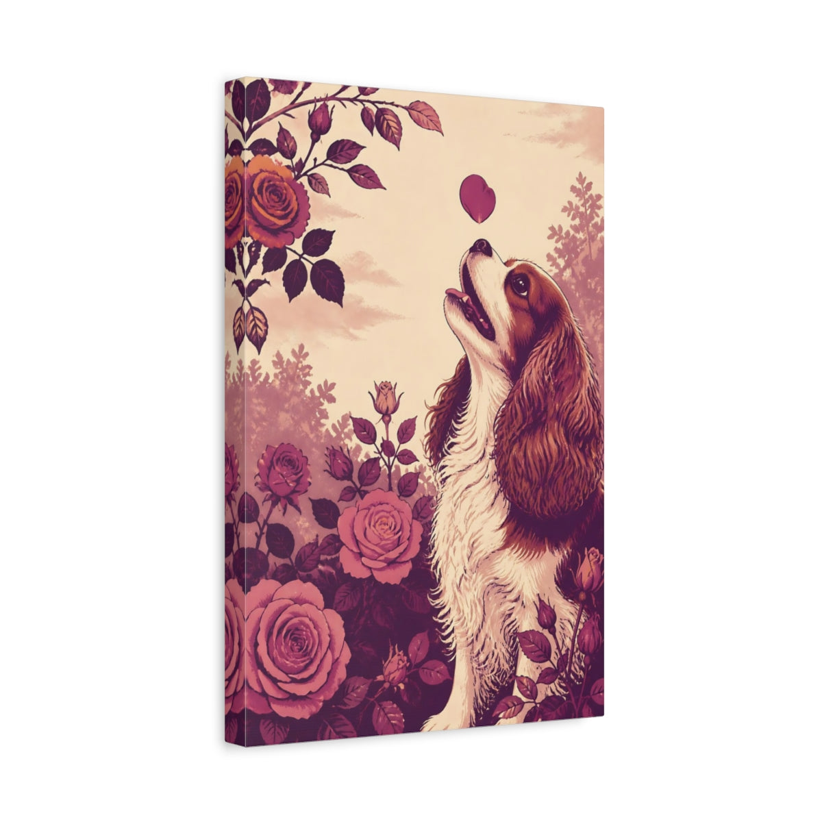 Side Mockup 4. Pets Cavalier With Roses shown as canvas print