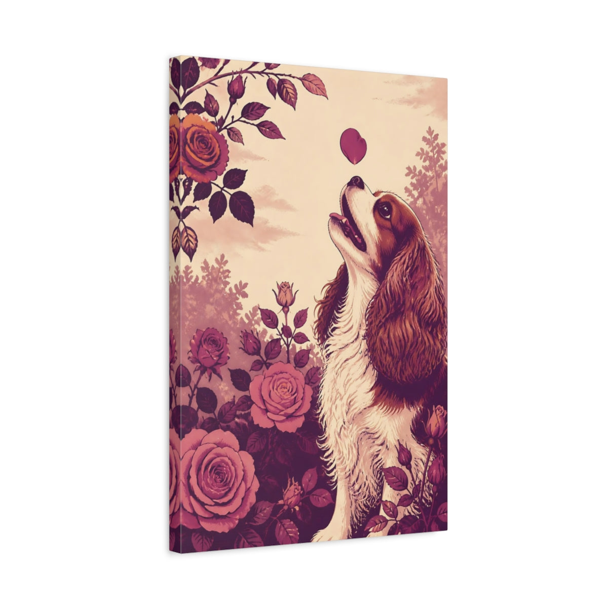 Side Mockup 3. Pets Cavalier With Roses shown as canvas print