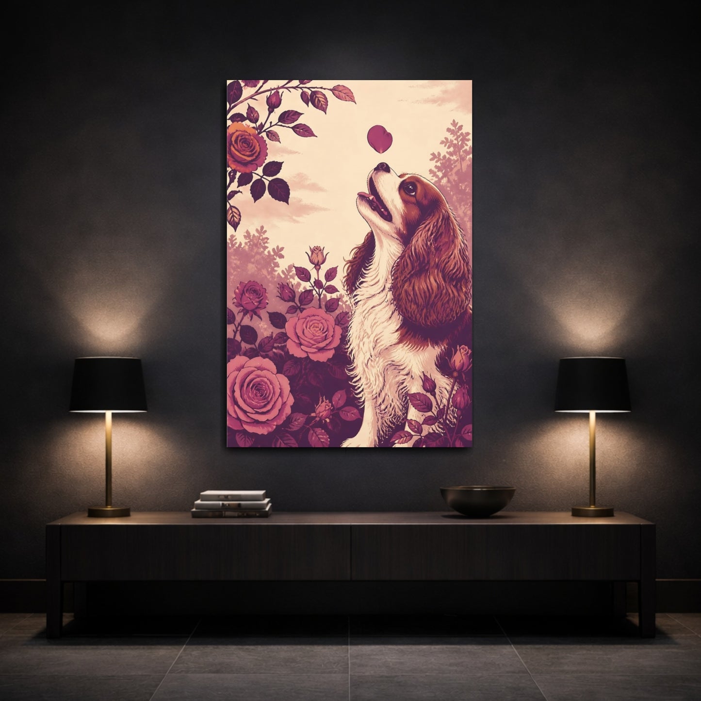 Mockup 3. Pets Cavalier With Roses shown as canvas print