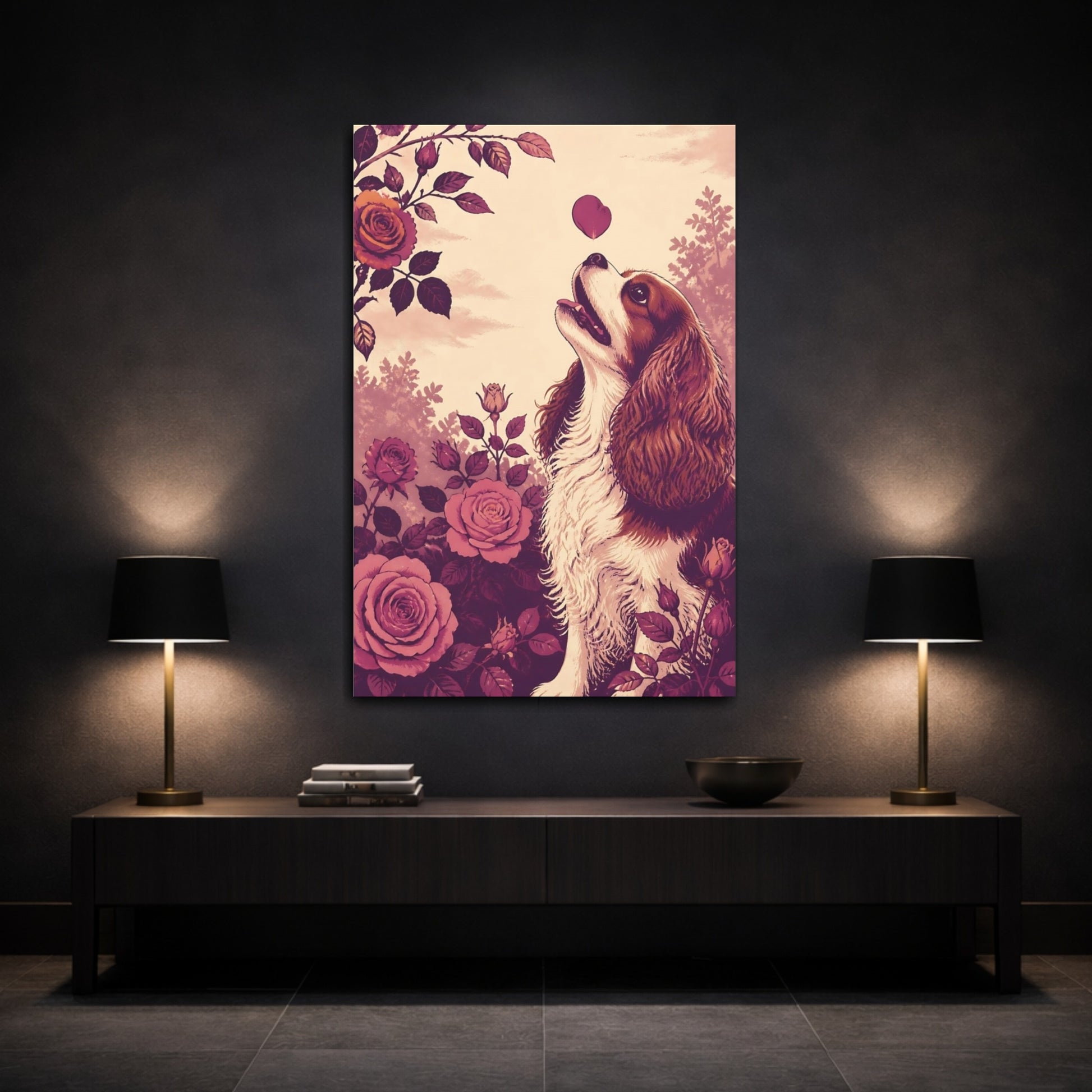 Mockup 3. Pets Cavalier With Roses shown as canvas print