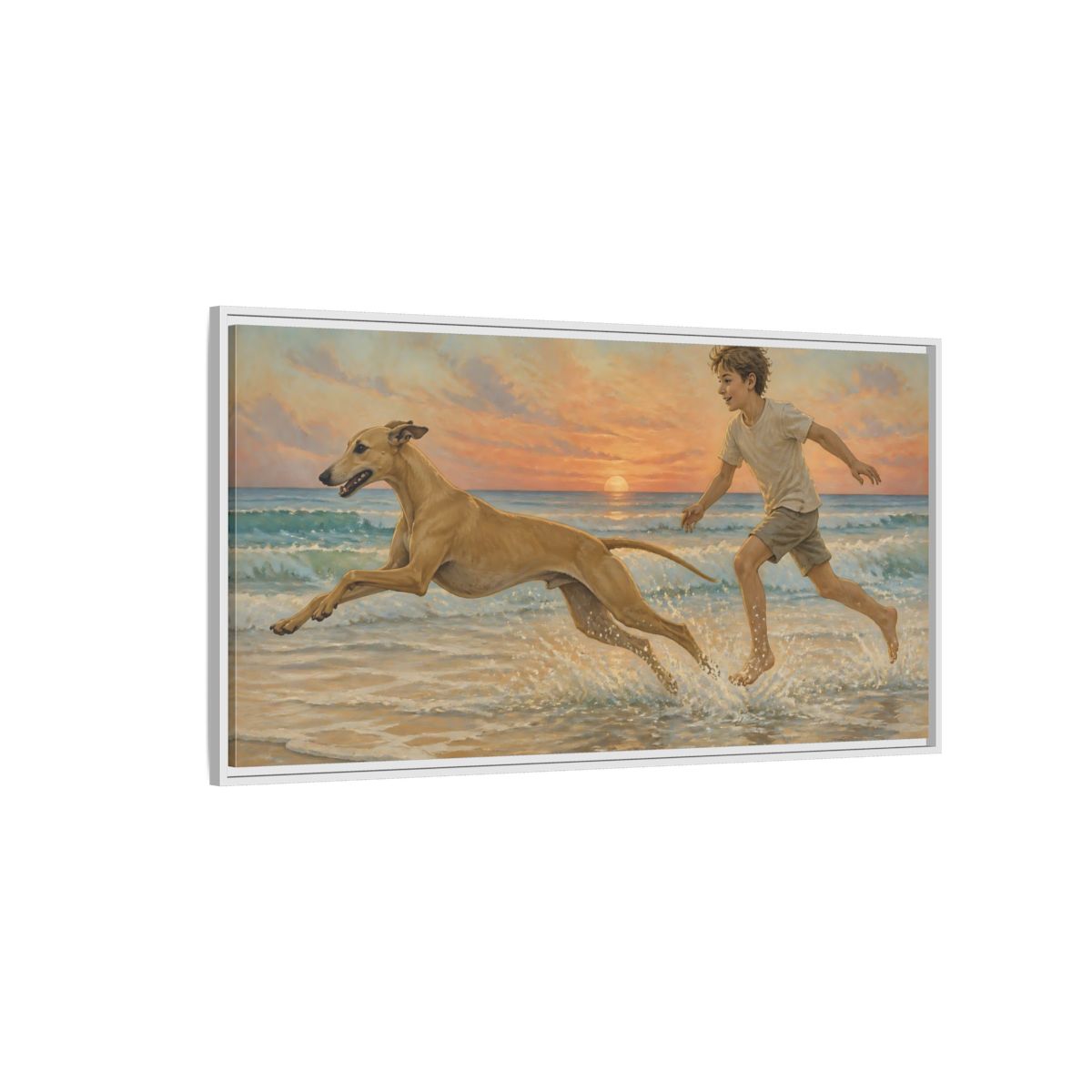 Side Mockup 3. Pets Whippet Dog At Sunset shown as framed canvas print
