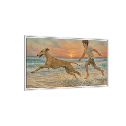 Side Mockup 3. Pets Whippet Dog At Sunset shown as framed canvas print