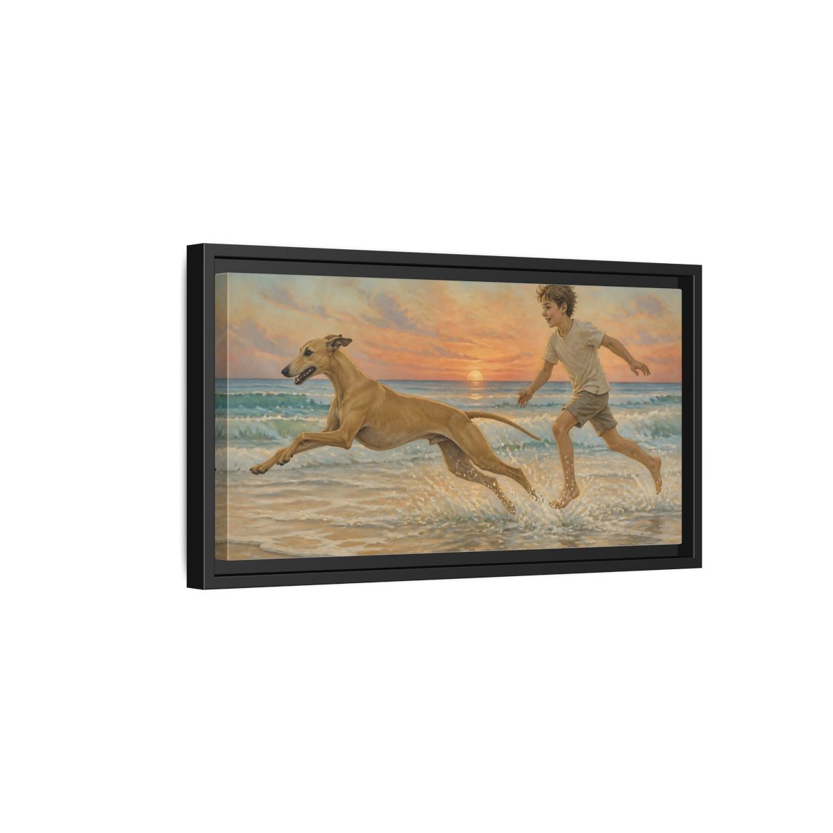 Side Mockup 8. Pets Whippet Dog At Sunset shown as framed canvas print
