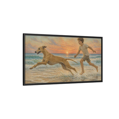 Side Mockup 5. Pets Whippet Dog At Sunset shown as framed canvas print