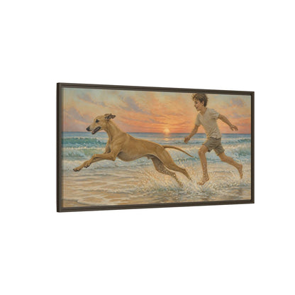 Side Mockup 4. Pets Whippet Dog At Sunset shown as framed canvas print