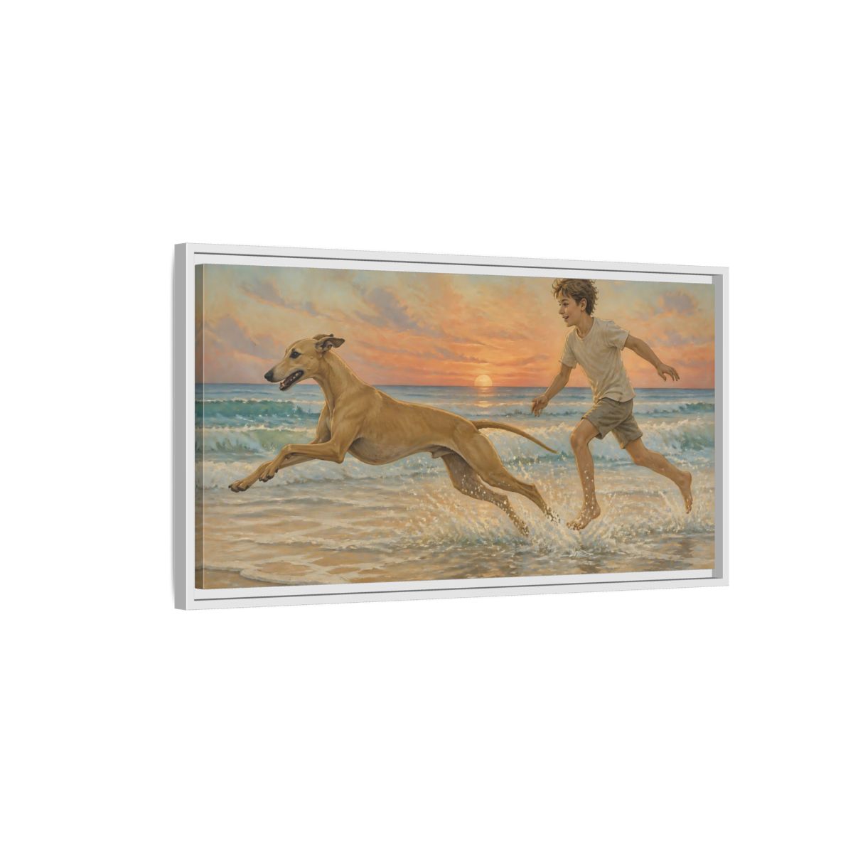 Side Mockup 1. Pets Whippet Dog At Sunset shown as framed canvas print