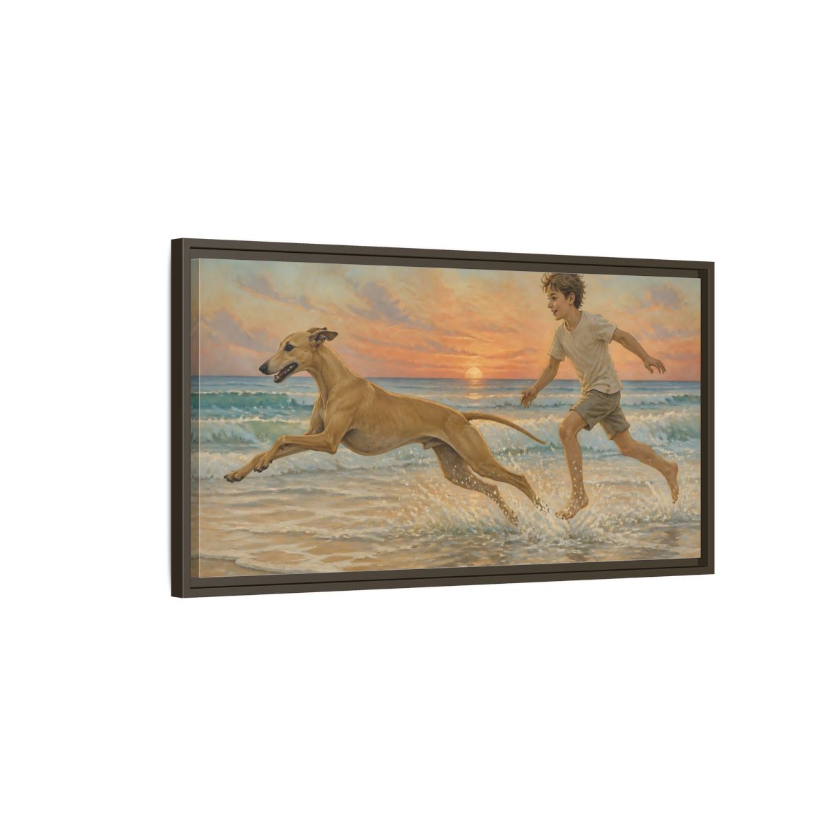 Main Mockup. Pets Whippet Dog At Sunset shown as framed canvas print