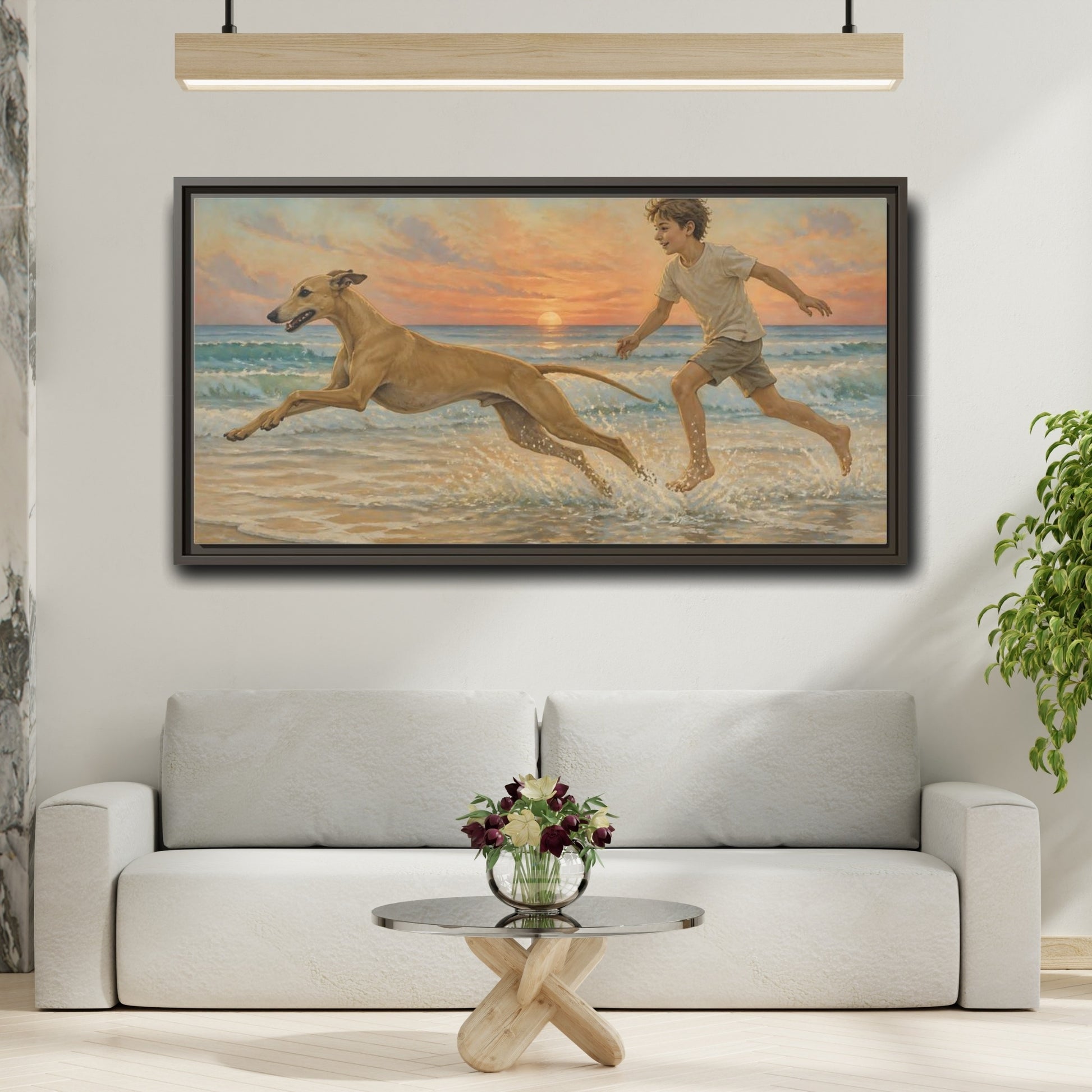 Mockup 2. Pets Whippet Dog At Sunset shown as framed canvas print