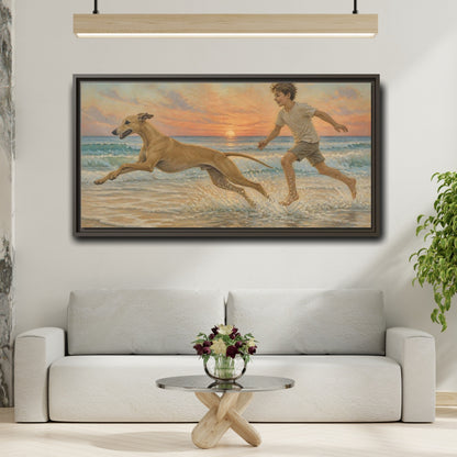 Mockup 2. Pets Whippet Dog At Sunset shown as framed canvas print