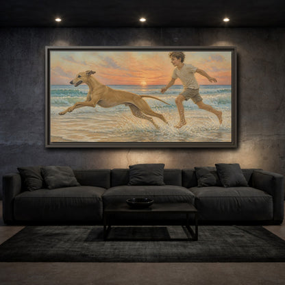Mockup 3. Pets Whippet Dog At Sunset shown as framed canvas print