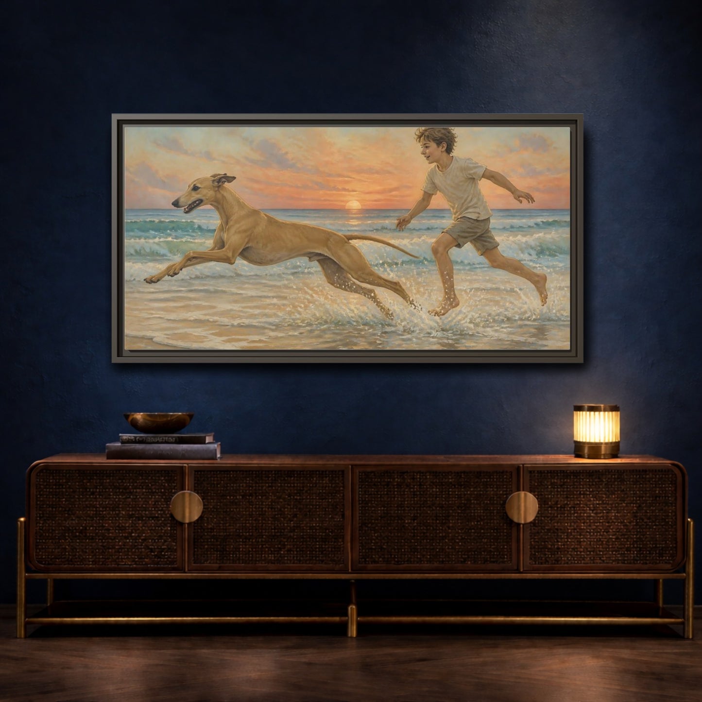 Mockup 4. Pets Whippet Dog At Sunset shown as framed canvas print